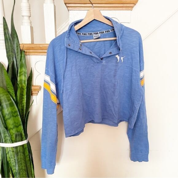 PINK Victoria's Secret Blue Long Sleeve Collared Cropped Top Size S - Picture 1 of 6
